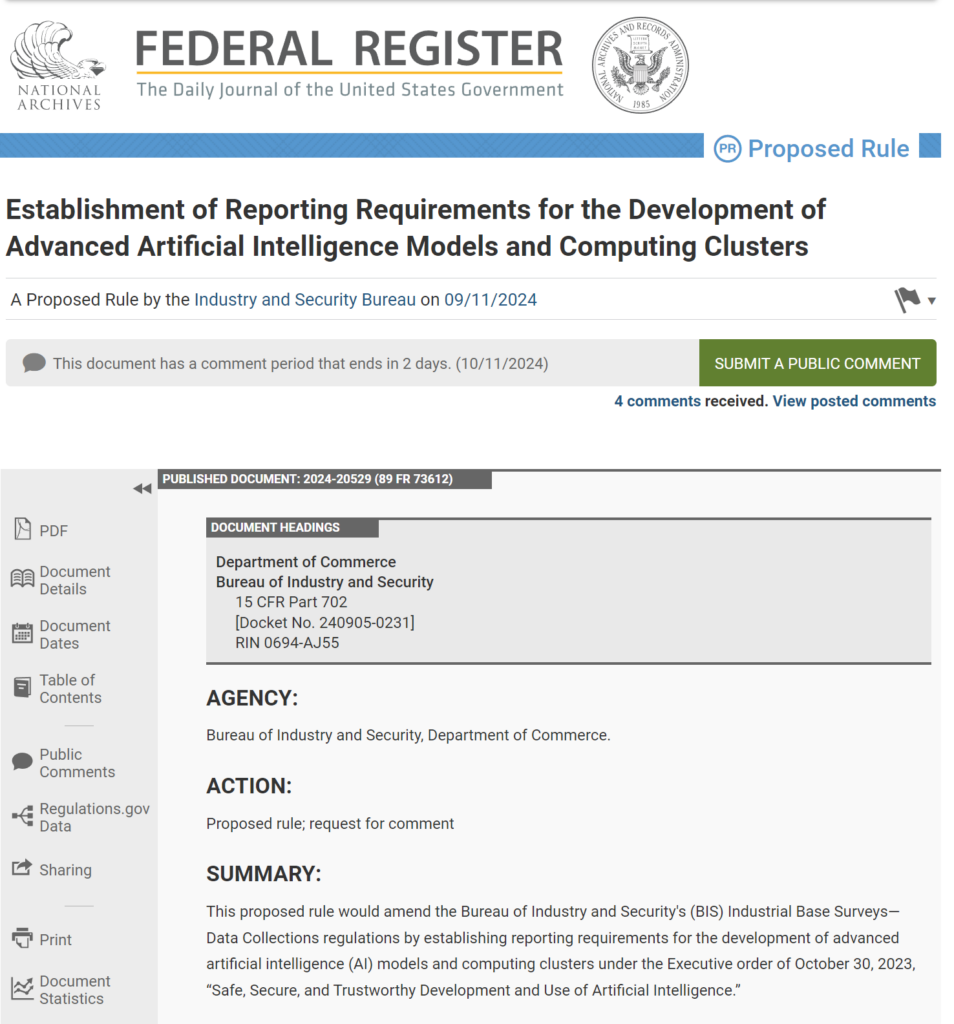 Американская индустрия ИИ готовится к новым требованиям: предложение BIS об обязательной отчётности по “двойного назначения” моделям ИИ и вычислительным кластерам